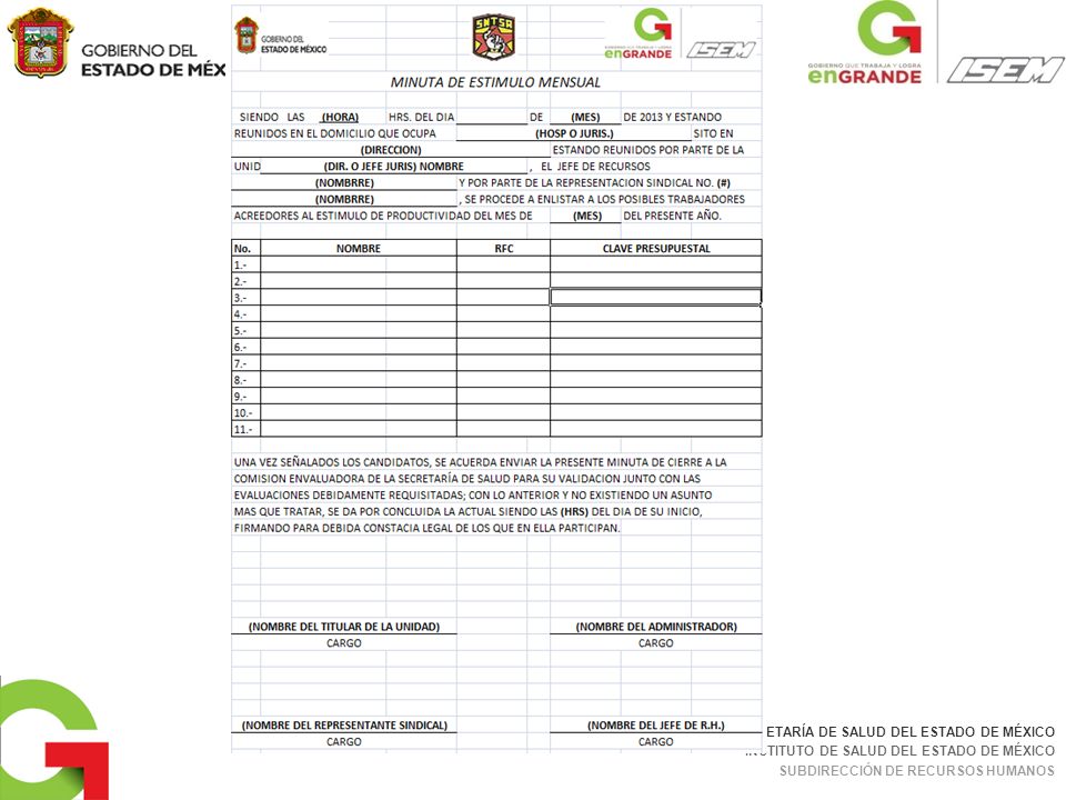 SECRETARÍA DE SALUD DEL ESTADO DE MÉXICO INSTITUTO DE SALUD DEL ESTADO DE MÉXICO SUBDIRECCIÓN DE RECURSOS HUMANOS