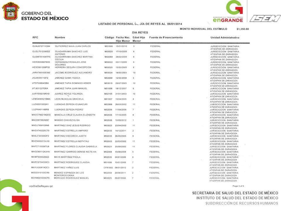 SECRETARÍA DE SALUD DEL ESTADO DE MÉXICO INSTITUTO DE SALUD DEL ESTADO DE MÉXICO SUBDIRECCIÓN DE RECURSOS HUMANOS