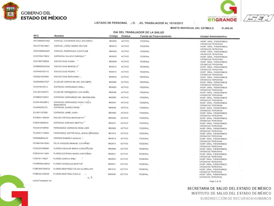 SECRETARÍA DE SALUD DEL ESTADO DE MÉXICO INSTITUTO DE SALUD DEL ESTADO DE MÉXICO SUBDIRECCIÓN DE RECURSOS HUMANOS
