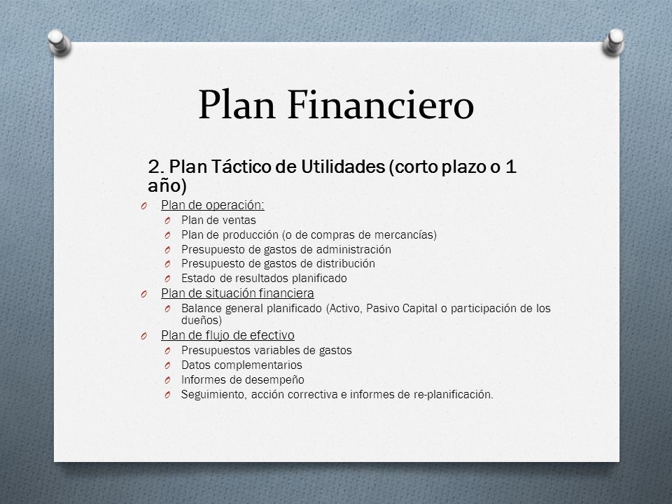 Plan Financiero 2. Plan Táctico de Utilidades (corto plazo o 1 año)