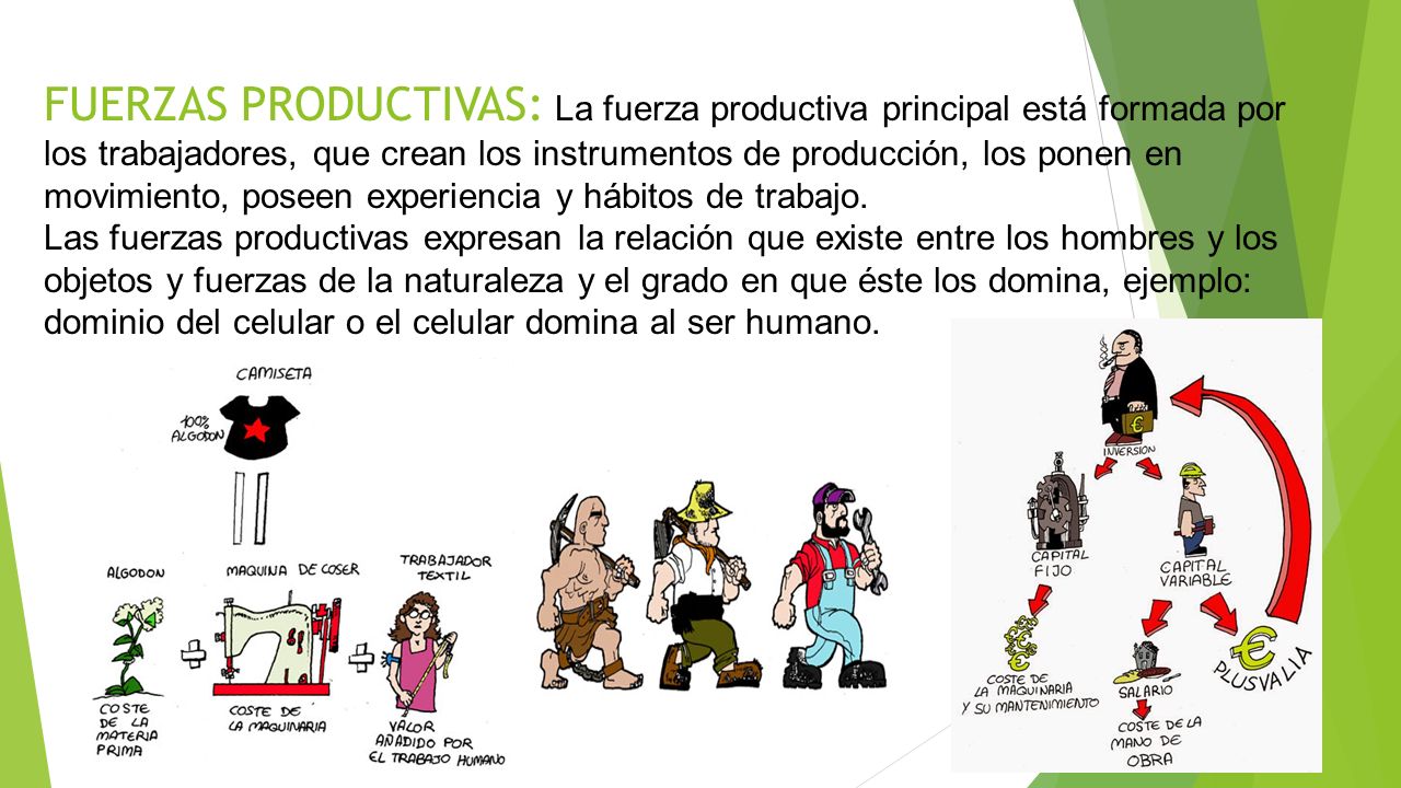 FUERZAS PRODUCTIVAS: La fuerza productiva principal está formada por los trabajadores, que crean los instrumentos de producción, los ponen en movimiento, poseen experiencia y hábitos de trabajo.