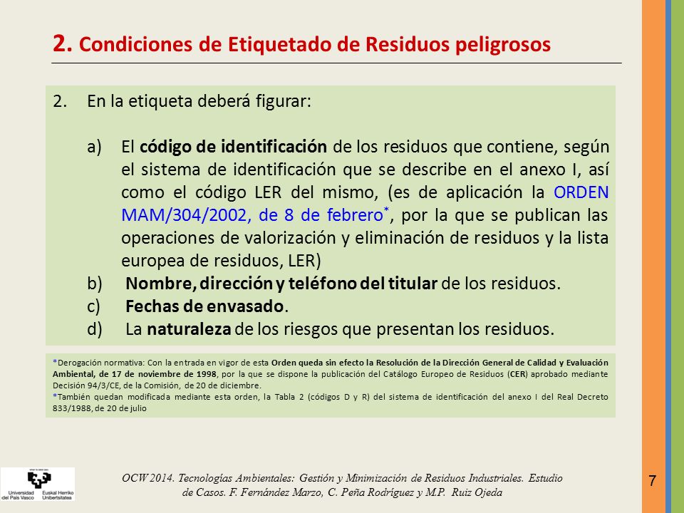 2. Condiciones de Etiquetado de Residuos peligrosos