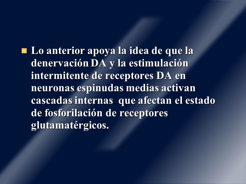 Lo anterior apoya la idea de que la denervación DA y la estimulación intermitente de receptores DA en neuronas espinudas medias activan cascadas internas que afectan el estado de fosforilación de receptores glutamatérgicos.