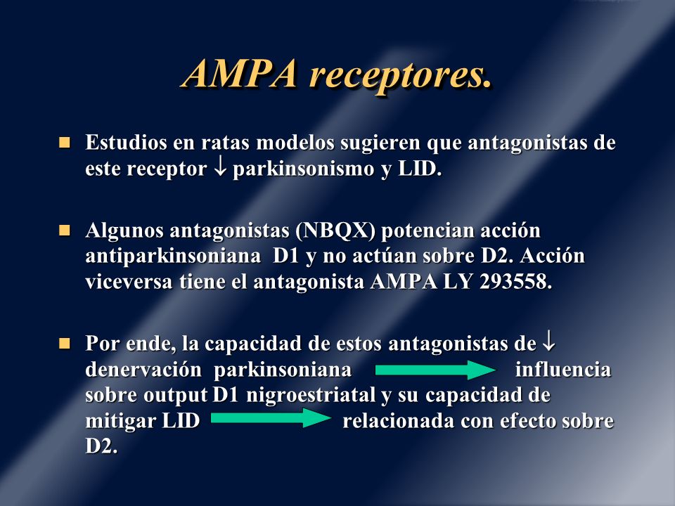 AMPA receptores. Estudios en ratas modelos sugieren que antagonistas de este receptor  parkinsonismo y LID.