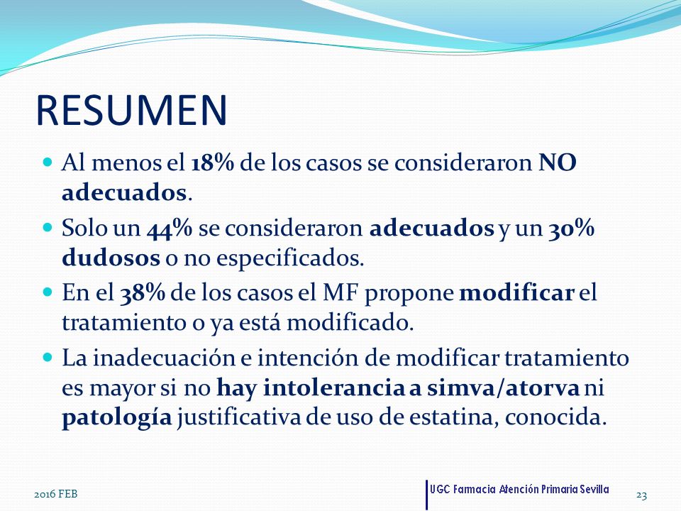 RESUMEN Al menos el 18% de los casos se consideraron NO adecuados.