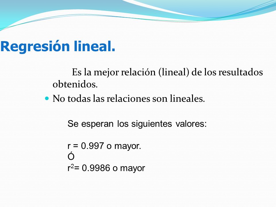 Regresión lineal. Es la mejor relación (lineal) de los resultados obtenidos. No todas las relaciones son lineales.