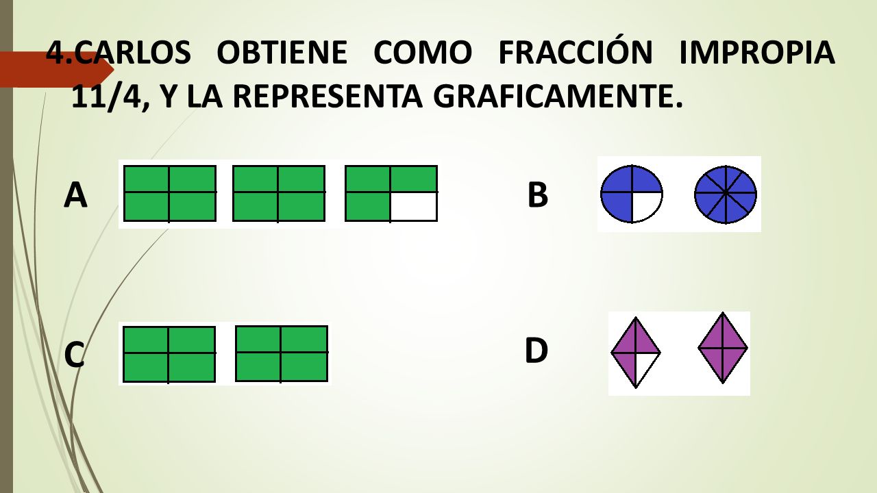 CARLOS OBTIENE COMO FRACCIÓN IMPROPIA 11/4, Y LA REPRESENTA GRAFICAMENTE.
