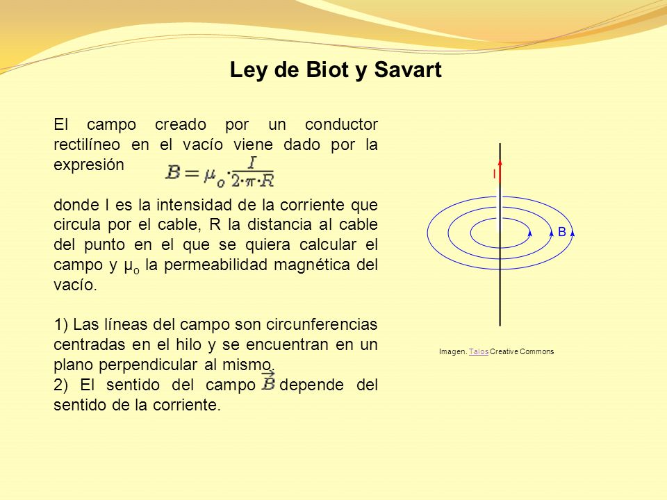 Ley de Biot y Savart El campo creado por un conductor rectilíneo en el vacío viene dado por la expresión.