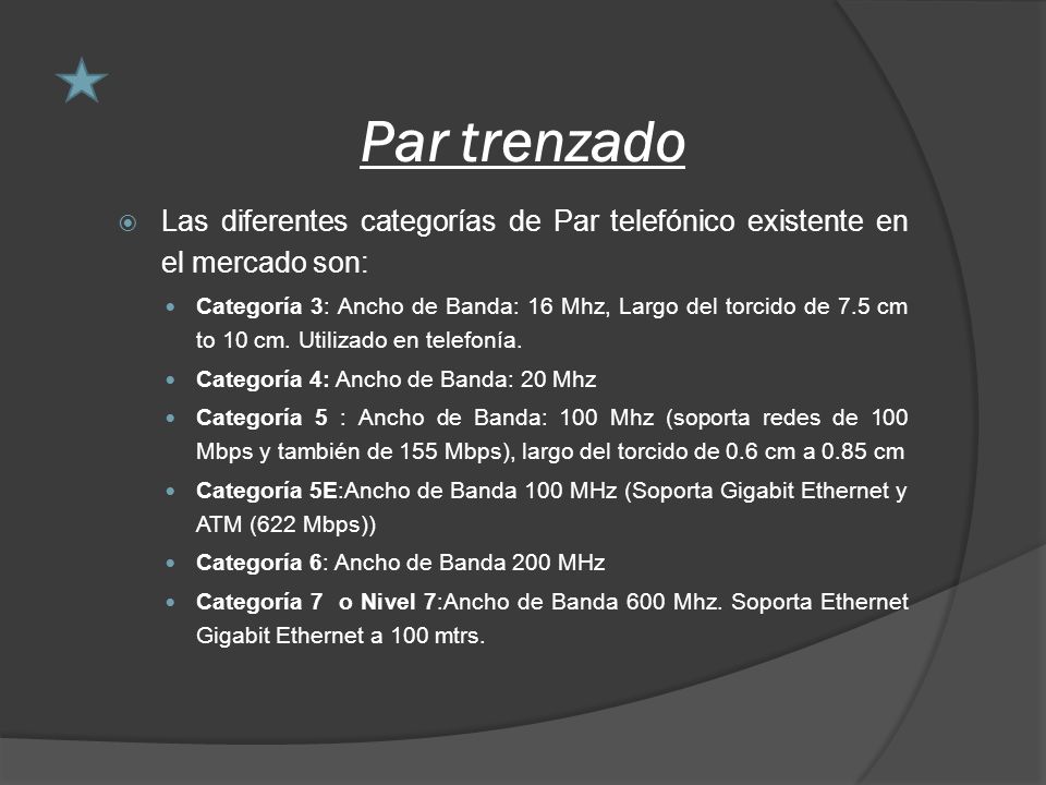 Par trenzado Las diferentes categorías de Par telefónico existente en el mercado son: