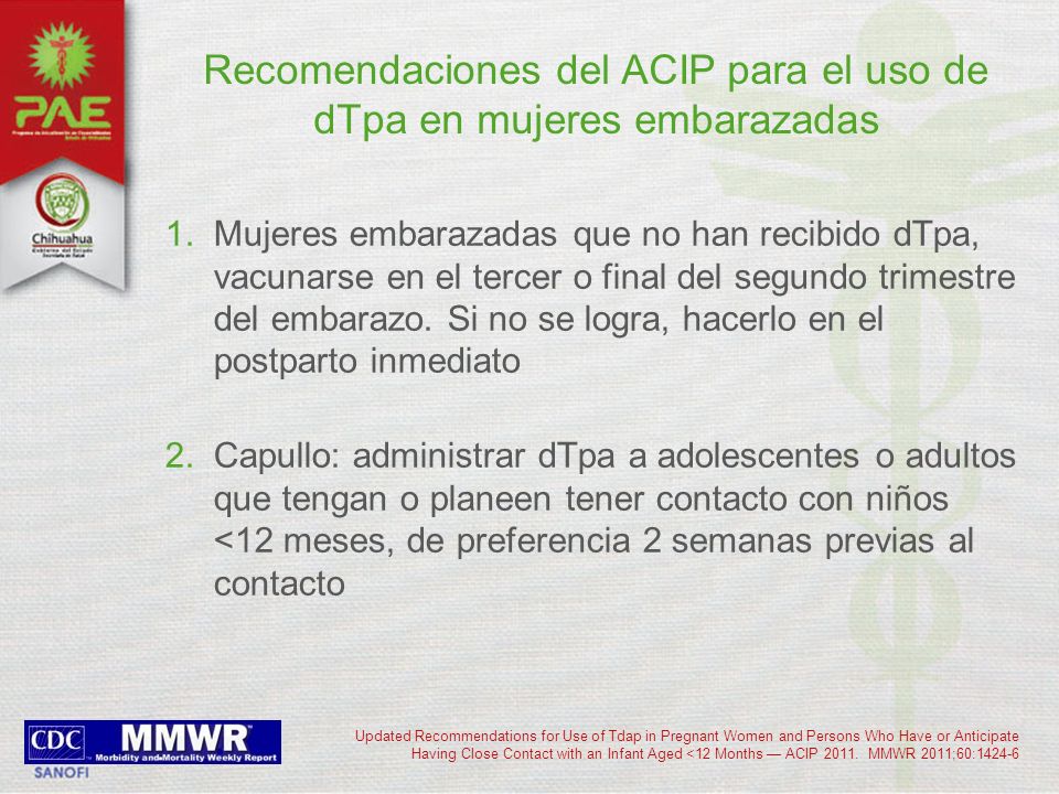 Recomendaciones del ACIP para el uso de dTpa en mujeres embarazadas