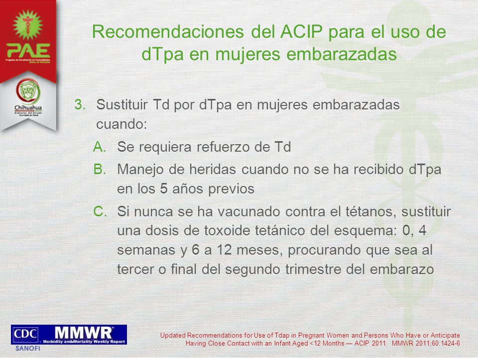 Recomendaciones del ACIP para el uso de dTpa en mujeres embarazadas