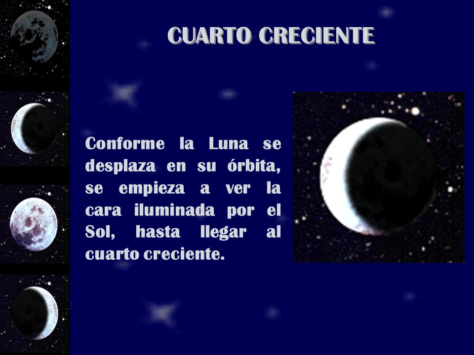 CUARTO CRECIENTE Conforme la Luna se desplaza en su órbita, se empieza a ver la cara iluminada por el Sol, hasta llegar al cuarto creciente.
