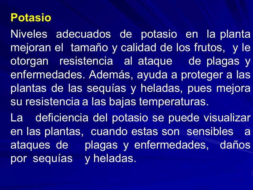 Potasio Niveles adecuados de potasio en la planta mejoran el tamaño y calidad de los frutos, y le otorgan resistencia al ataque de plagas y enfermedades.