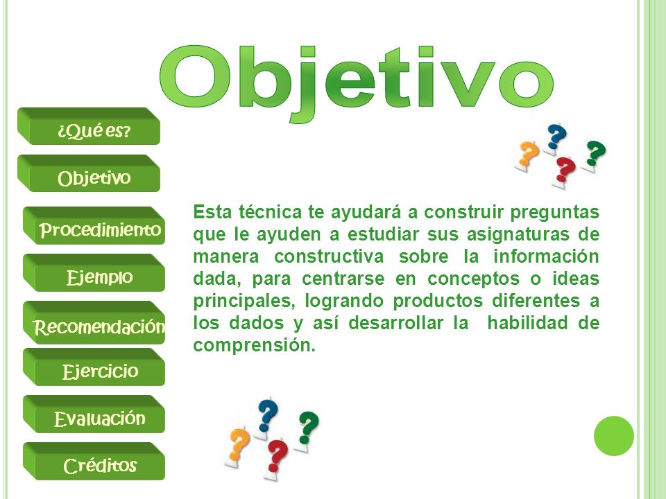 Objetivo Evaluación. ¿Qué es Objetivo. Procedimiento. Ejemplo. Recomendación. Ejercicio. Créditos.