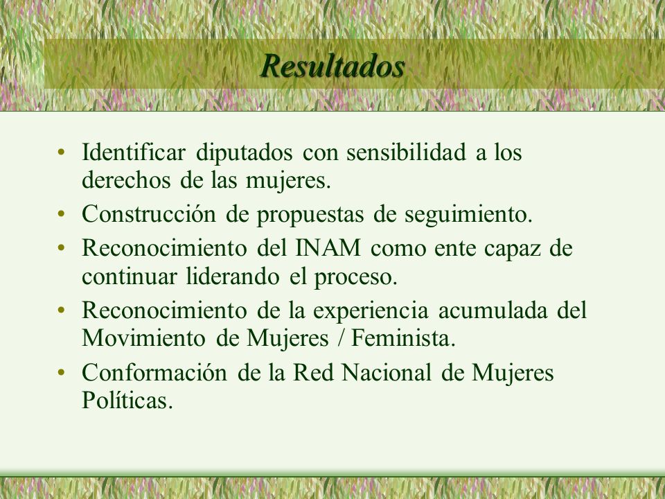 Resultados Identificar diputados con sensibilidad a los derechos de las mujeres. Construcción de propuestas de seguimiento.