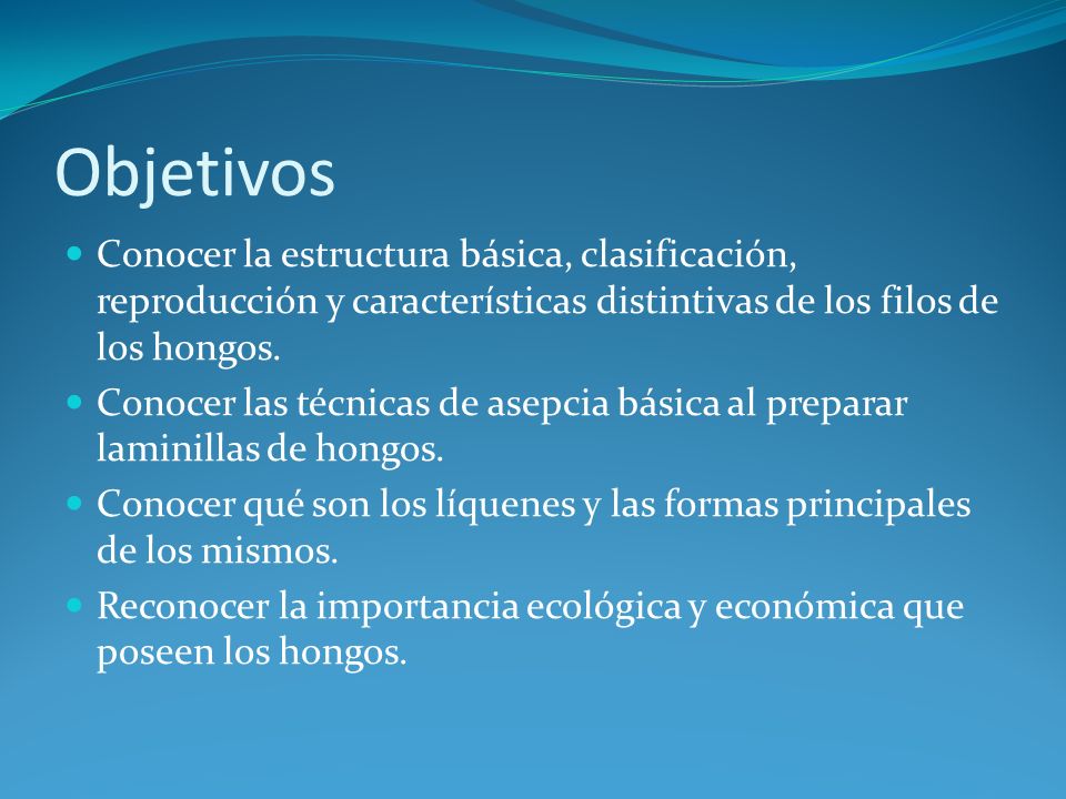 Objetivos Conocer la estructura básica, clasificación, reproducción y características distintivas de los filos de los hongos.