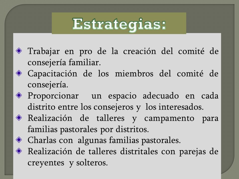 Estrategias: Trabajar en pro de la creación del comité de consejería familiar. Capacitación de los miembros del comité de consejería.