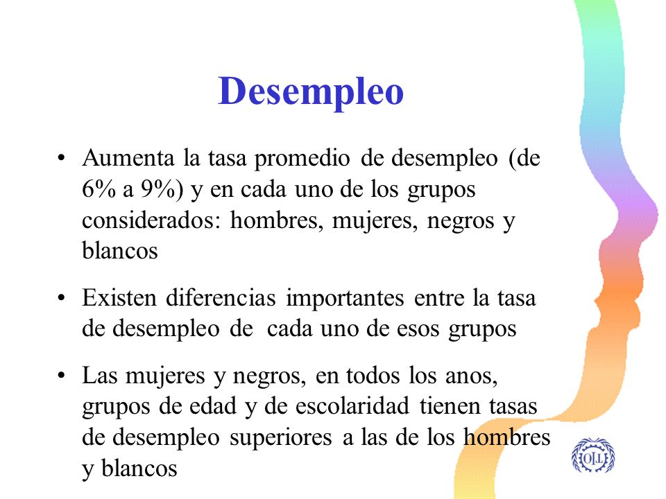 Desempleo Aumenta la tasa promedio de desempleo (de 6% a 9%) y en cada uno de los grupos considerados: hombres, mujeres, negros y blancos.