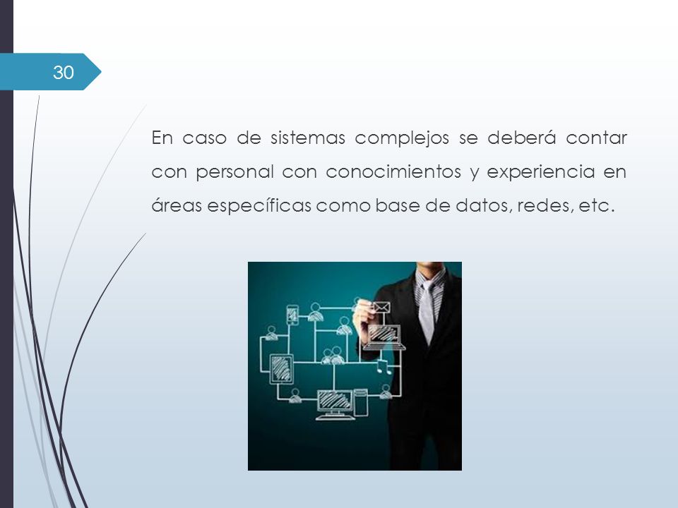En caso de sistemas complejos se deberá contar con personal con conocimientos y experiencia en áreas específicas como base de datos, redes, etc.