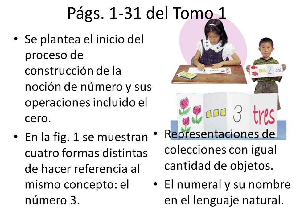 Págs del Tomo 1 Se plantea el inicio del proceso de construcción de la noción de número y sus operaciones incluido el cero.
