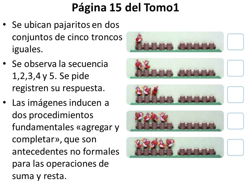 Página 15 del Tomo1 Se ubican pajaritos en dos conjuntos de cinco troncos iguales.