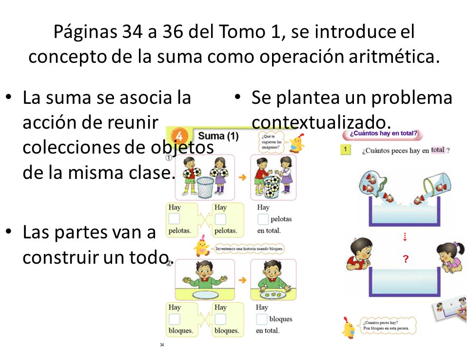 Páginas 34 a 36 del Tomo 1, se introduce el concepto de la suma como operación aritmética.