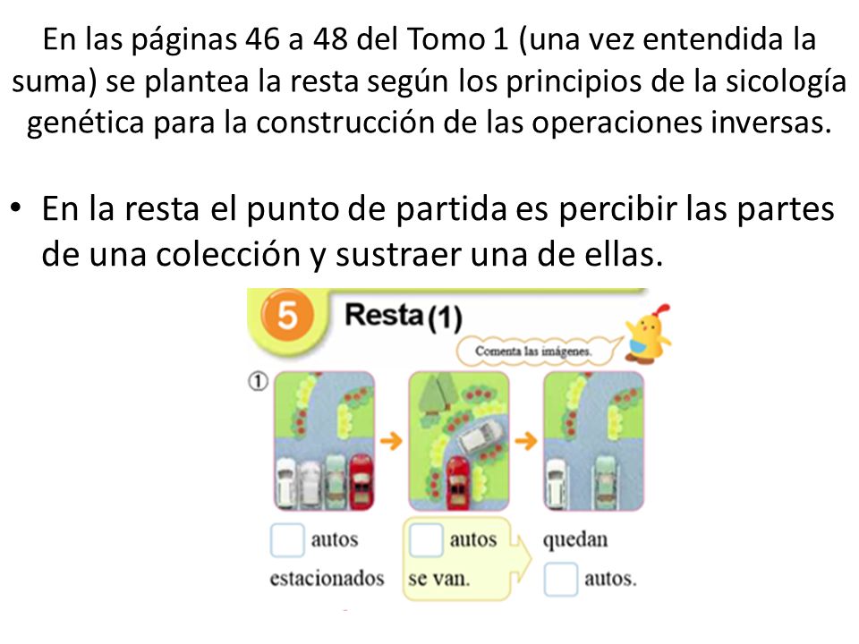 En las páginas 46 a 48 del Tomo 1 (una vez entendida la suma) se plantea la resta según los principios de la sicología genética para la construcción de las operaciones inversas.