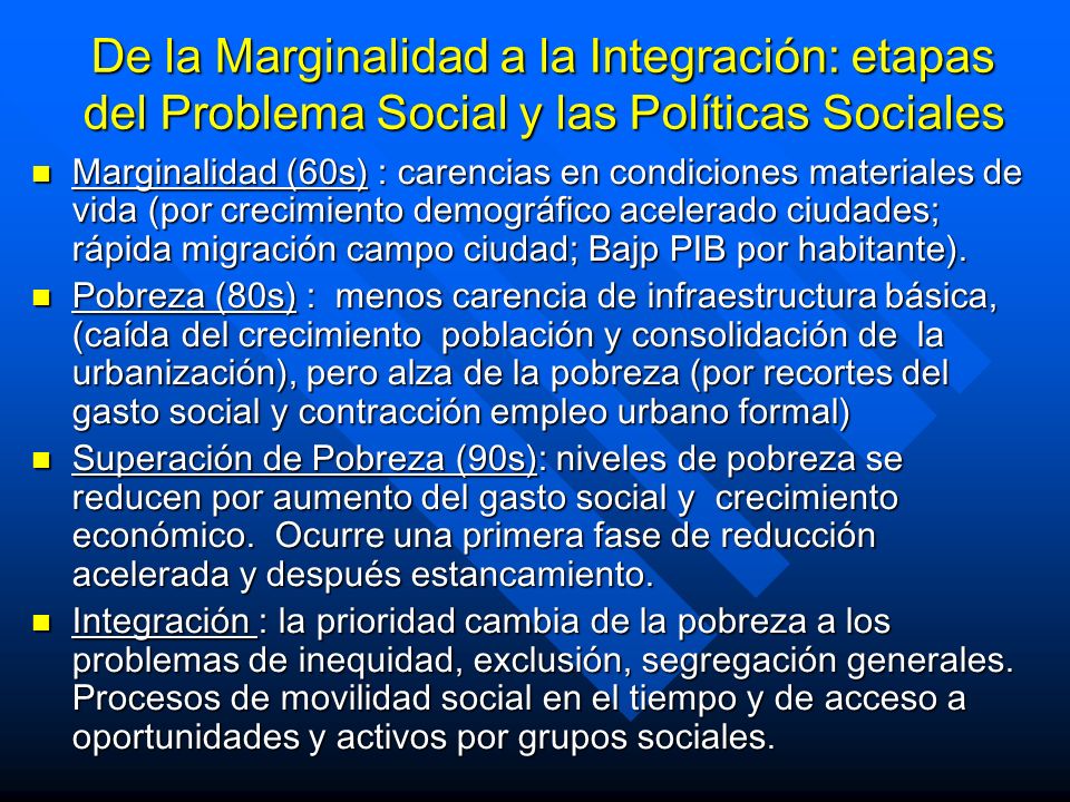 De la Marginalidad a la Integración: etapas del Problema Social y las Políticas Sociales