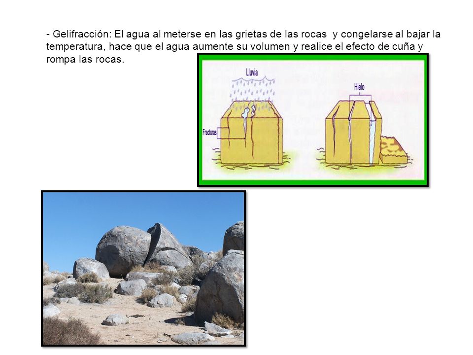 - Gelifracción: El agua al meterse en las grietas de las rocas y congelarse al bajar la temperatura, hace que el agua aumente su volumen y realice el efecto de cuña y rompa las rocas.