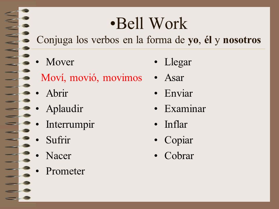 Bell Work Conjuga los verbos en la forma de yo, él y nosotros