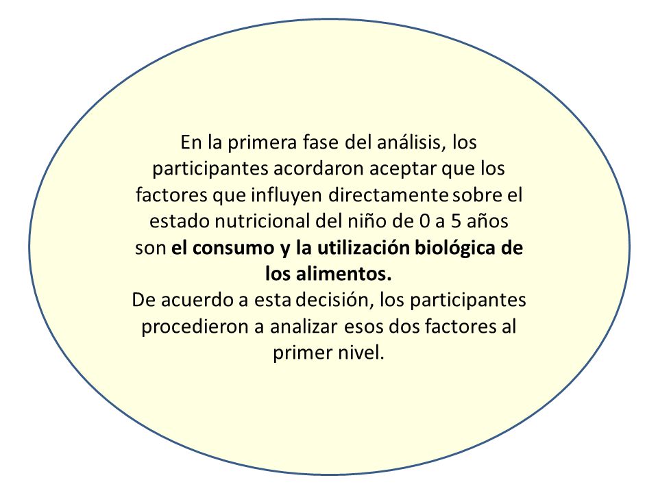 En la primera fase del análisis, los participantes acordaron aceptar que los factores que influyen directamente sobre el estado nutricional del niño de 0 a 5 años son el consumo y la utilización biológica de los alimentos.