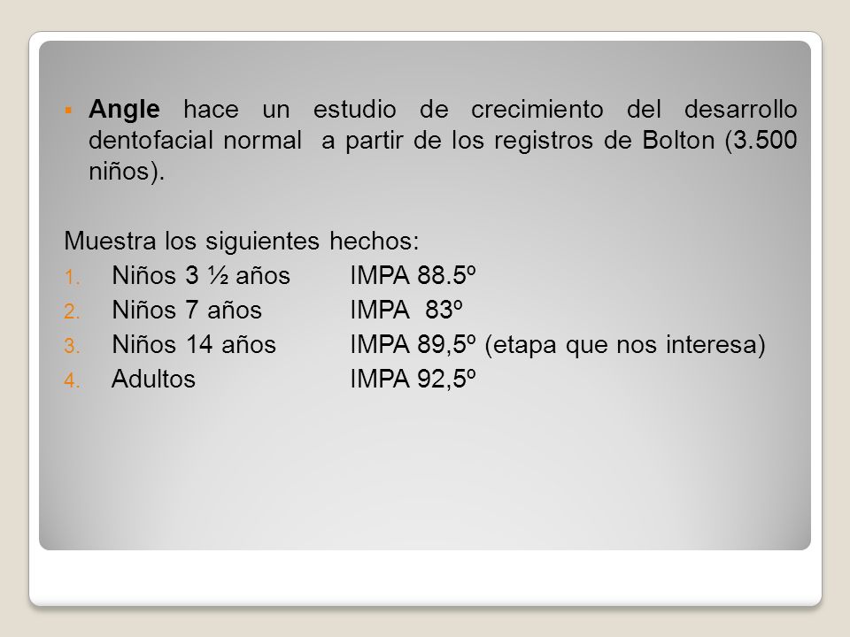 Angle hace un estudio de crecimiento del desarrollo dentofacial normal a partir de los registros de Bolton (3.500 niños).