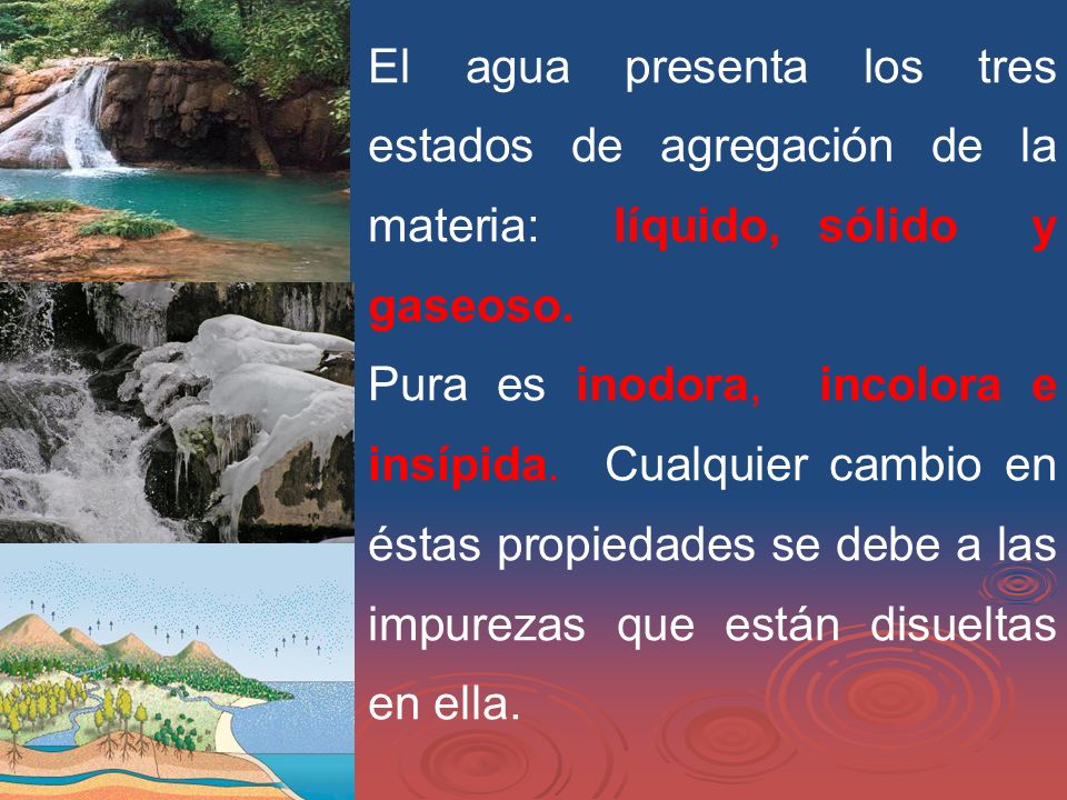 El agua presenta los tres estados de agregación de la materia: líquido, sólido y gaseoso.
