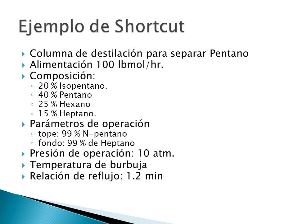 Ejemplo de Shortcut Columna de destilación para separar Pentano