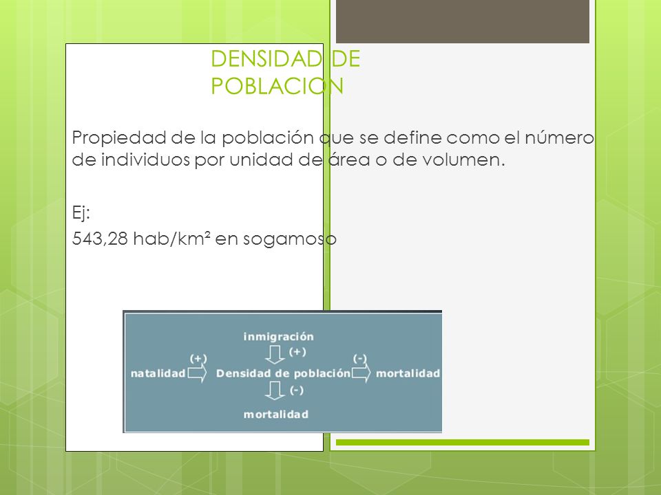 DENSIDAD DE POBLACION Propiedad de la población que se define como el número de individuos por unidad de área o de volumen.