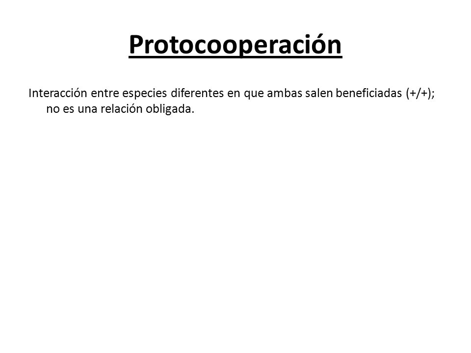 Protocooperación Interacción entre especies diferentes en que ambas salen beneficiadas (+/+); no es una relación obligada.