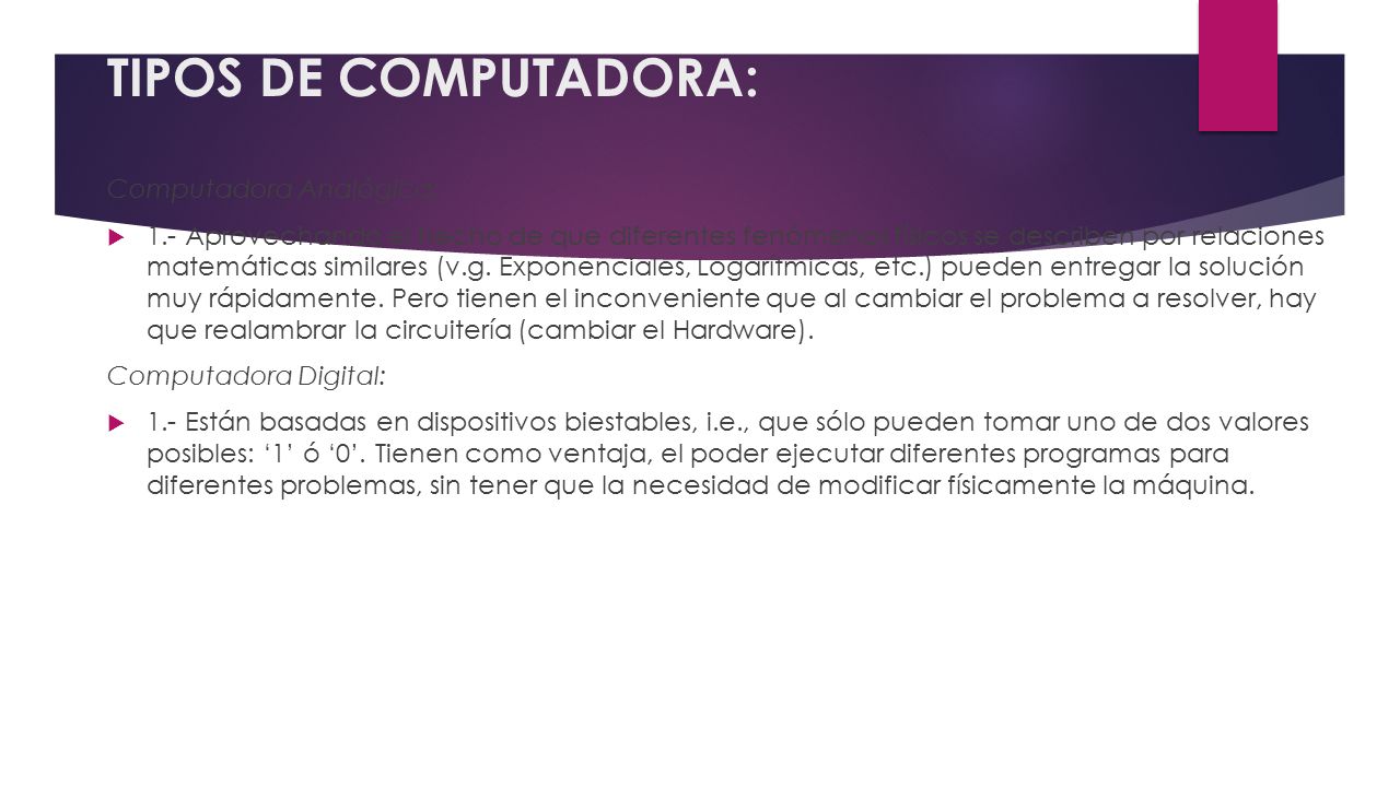 TIPOS DE COMPUTADORA: Computadora Analógica:
