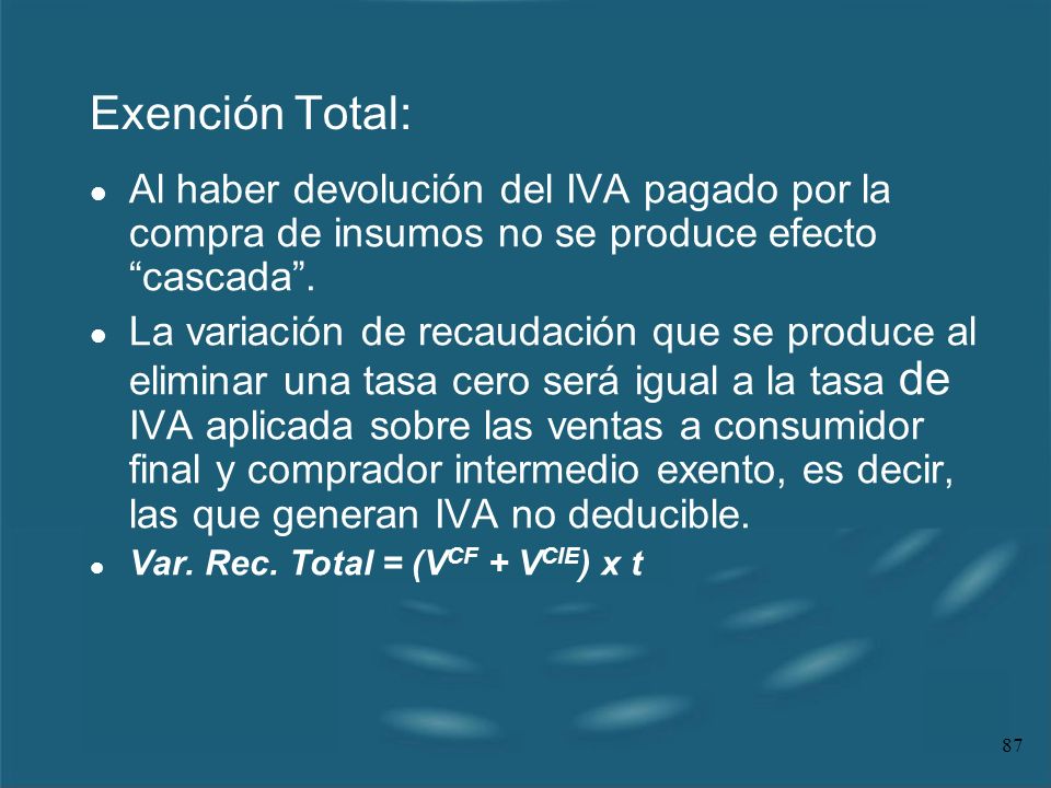 Exención Total: Al haber devolución del IVA pagado por la compra de insumos no se produce efecto cascada .