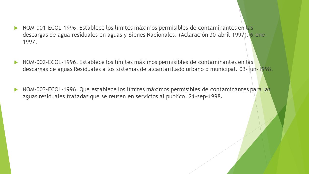 NOM-001-ECOL Establece los límites máximos permisibles de contaminantes en las descargas de agua residuales en aguas y Bienes Nacionales. (Aclaración 30-abril-1997). 6-ene
