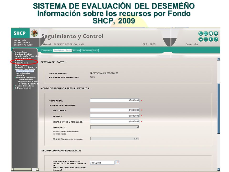 SISTEMA DE EVALUACIÓN DEL DESEMÉÑO Información sobre los recursos por Fondo SHCP, 2009