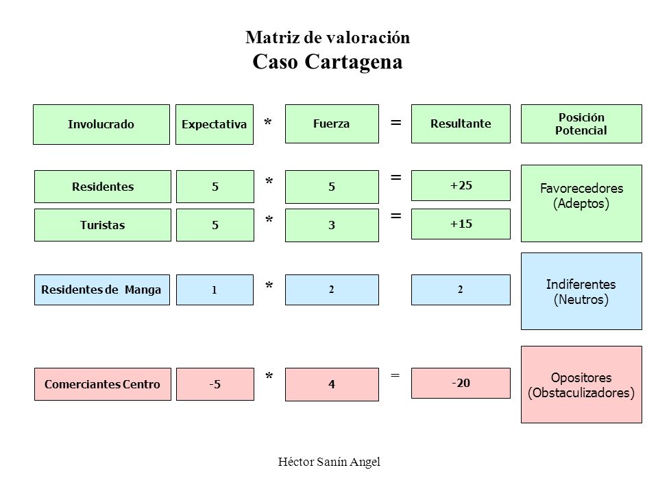 Caso Cartagena Matriz de valoración * = = * = * * * = Favorecedores