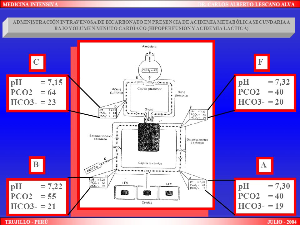 C F pH = 7,15 PCO2 = 64 HCO3- = 23 pH = 7,32 PCO2 = 40 HCO3- = 20 B A