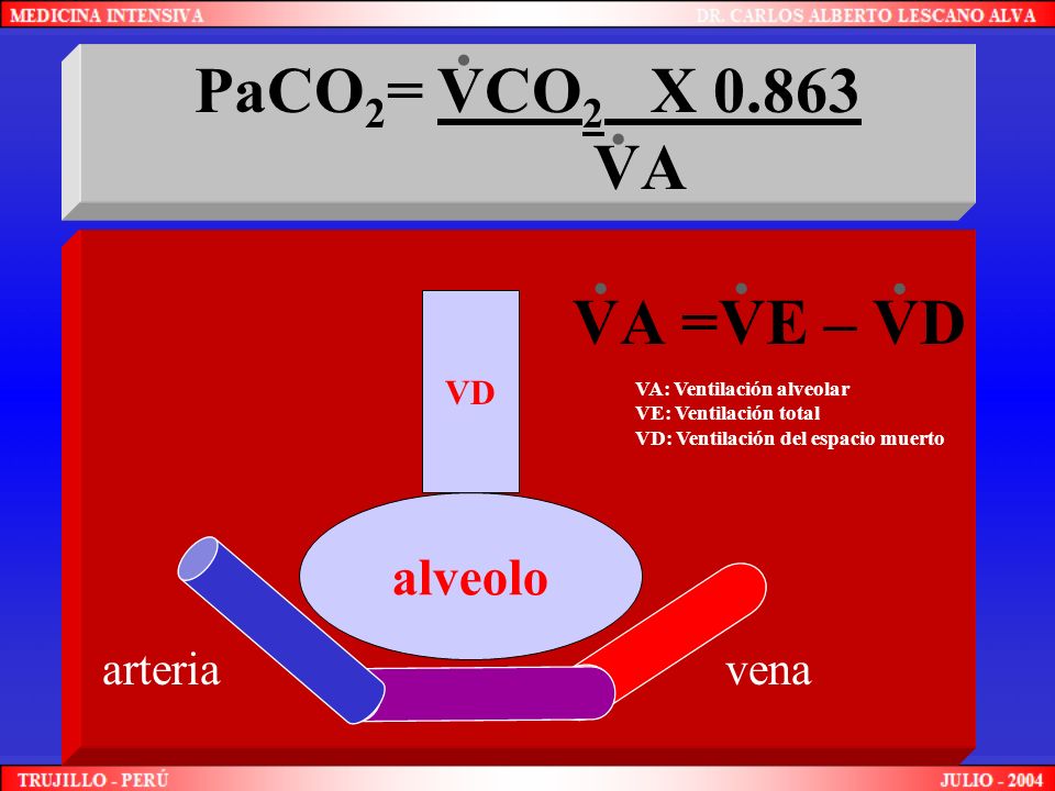 PaCO2= VCO2 X VA VA =VE – VD alveolo arteria vena VD