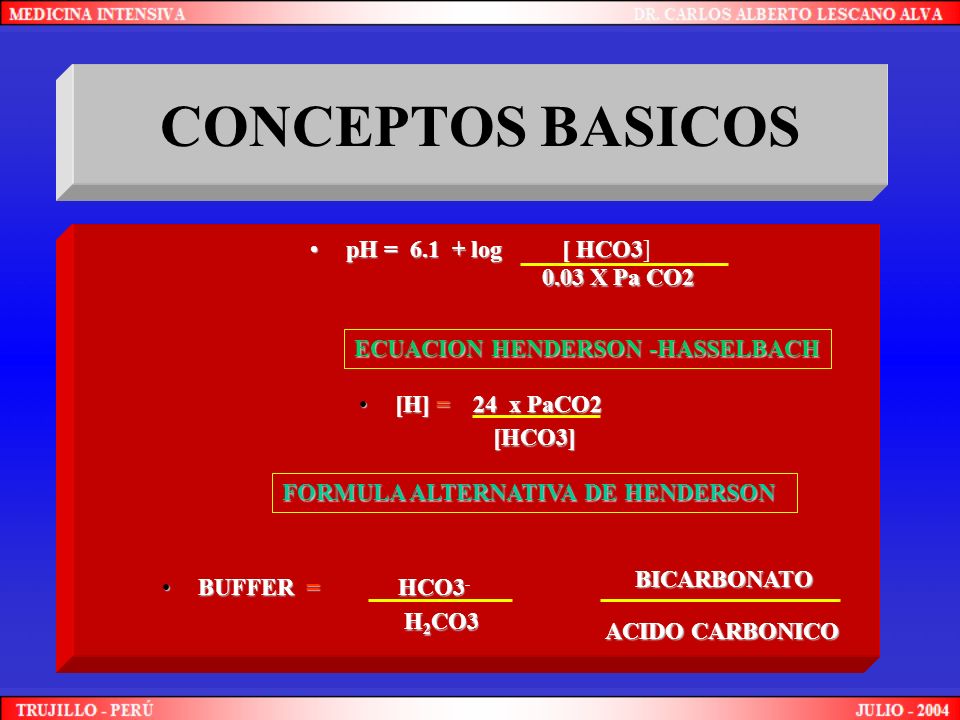 CONCEPTOS BASICOS pH = log [ HCO3] 0.03 X Pa CO2