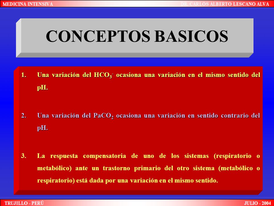 CONCEPTOS BASICOS Una variación del HCO3- ocasiona una variación en el mismo sentido del pH.