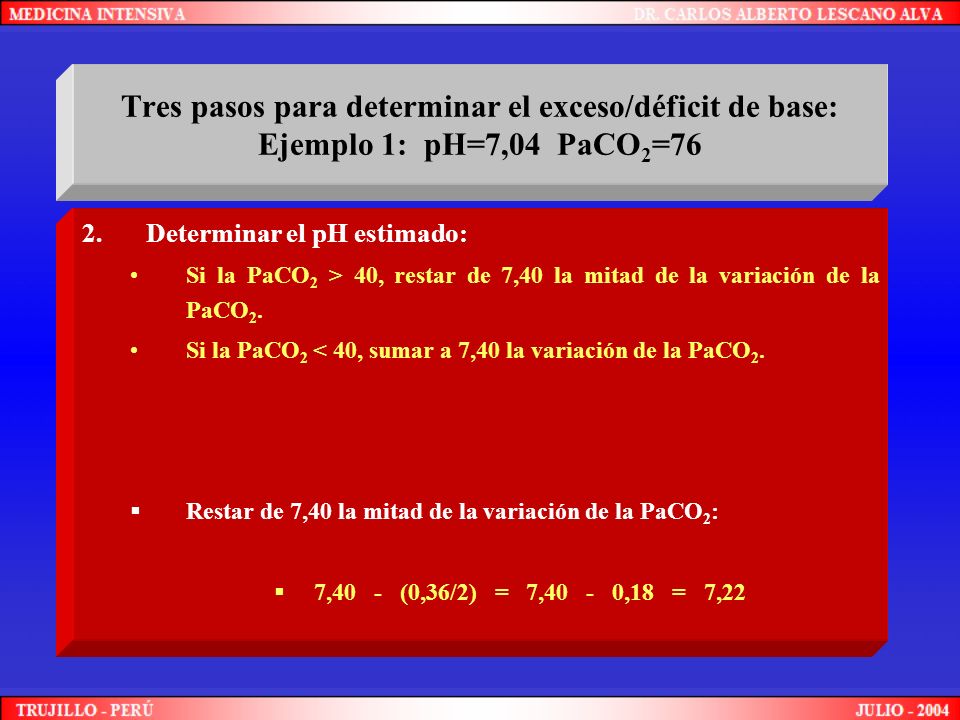 Tres pasos para determinar el exceso/déficit de base: Ejemplo 1: pH=7,04 PaCO2=76