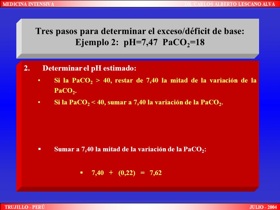 Tres pasos para determinar el exceso/déficit de base: Ejemplo 2: pH=7,47 PaCO2=18