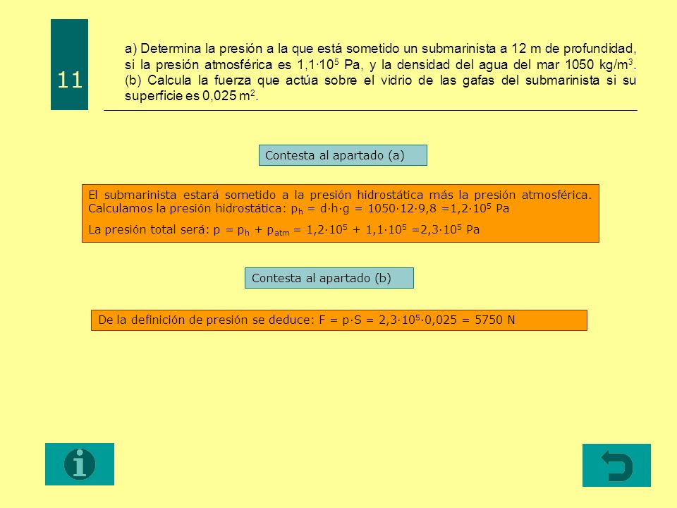 a) Determina la presión a la que está sometido un submarinista a 12 m de profundidad, si la presión atmosférica es 1,1·105 Pa, y la densidad del agua del mar 1050 kg/m3. (b) Calcula la fuerza que actúa sobre el vidrio de las gafas del submarinista si su superficie es 0,025 m2.
