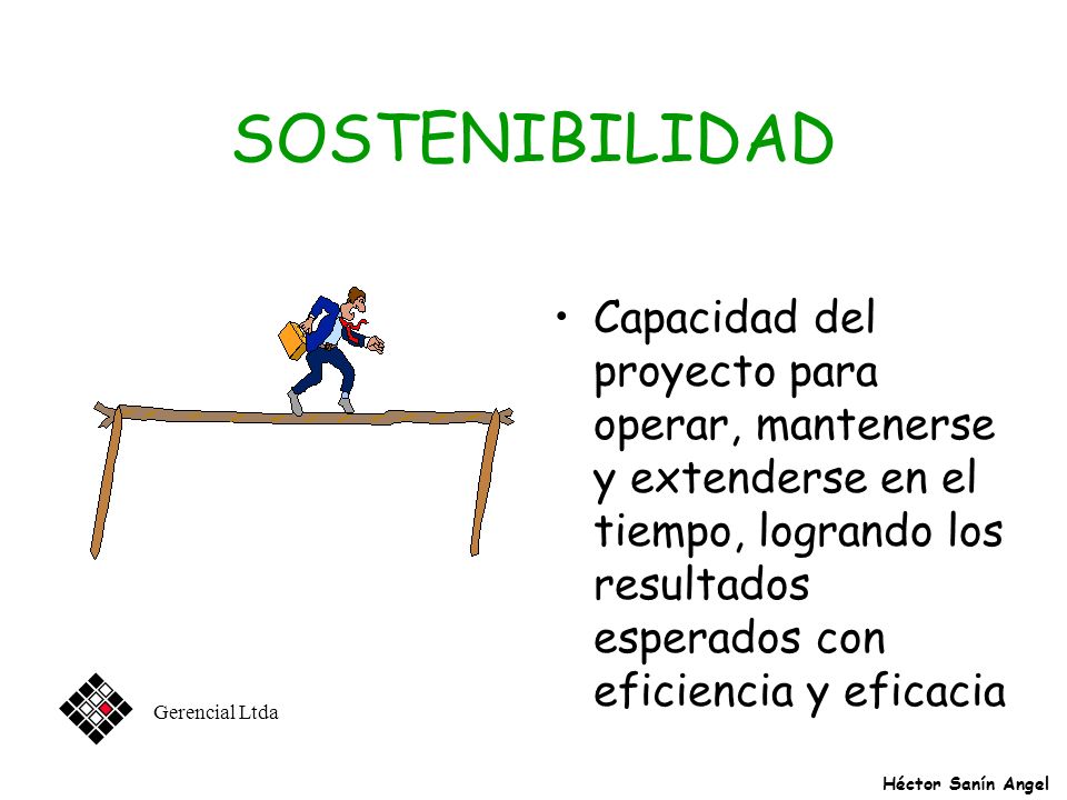 SOSTENIBILIDAD Capacidad del proyecto para operar, mantenerse y extenderse en el tiempo, logrando los resultados esperados con eficiencia y eficacia.