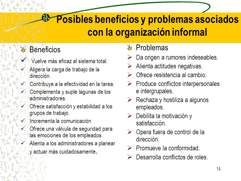 Posibles beneficios y problemas asociados con la organización informal